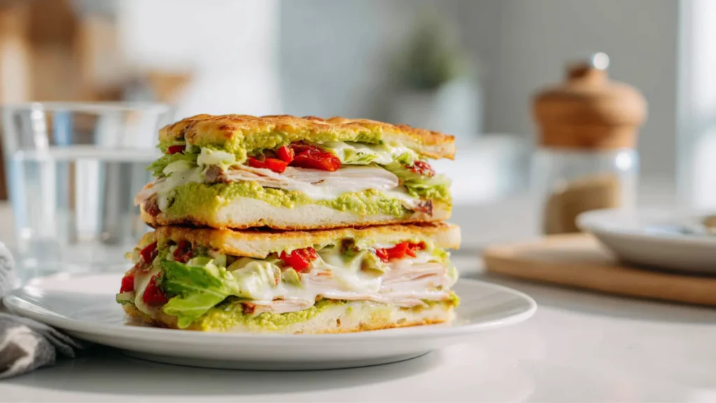 Avocado cottage cheese flatbread stacked with turkey and lettuce