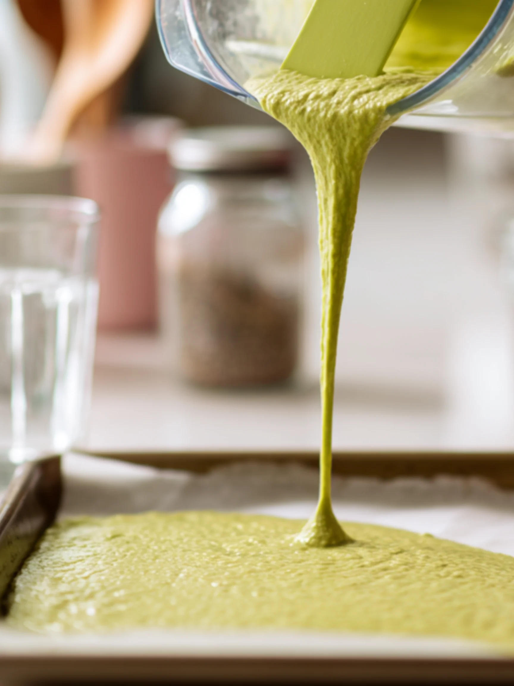 Pouring avocado cottage cheese batter onto baking tray