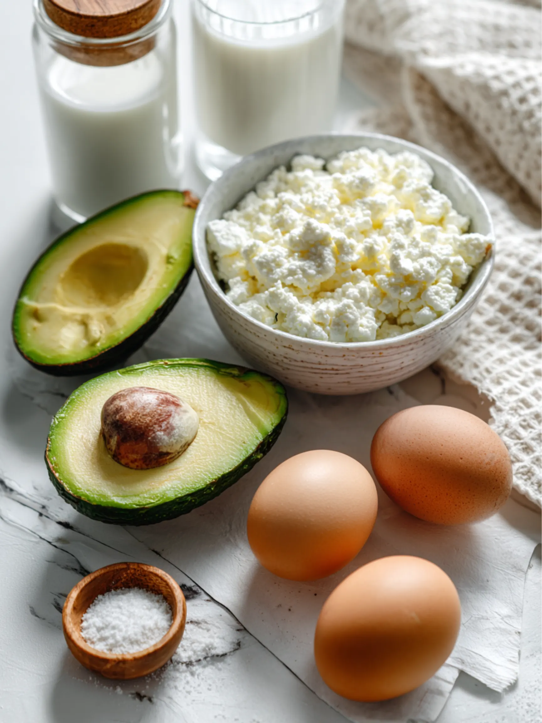 Ingredients for avocado cottage cheese flatbread on white counter