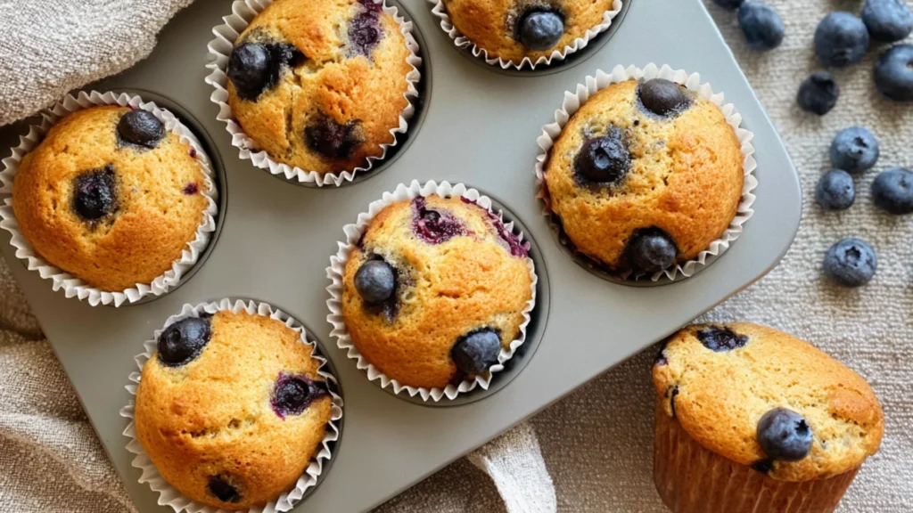 Cottage cheese blueberry muffins in muffin tin with golden tops