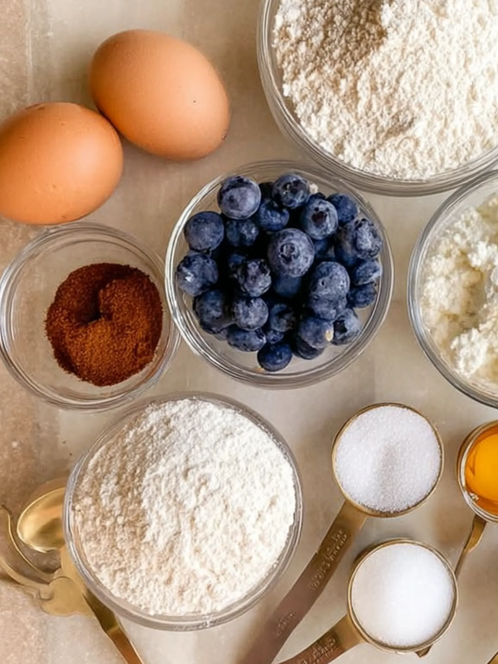 Measured ingredients for cottage cheese blueberry muffins