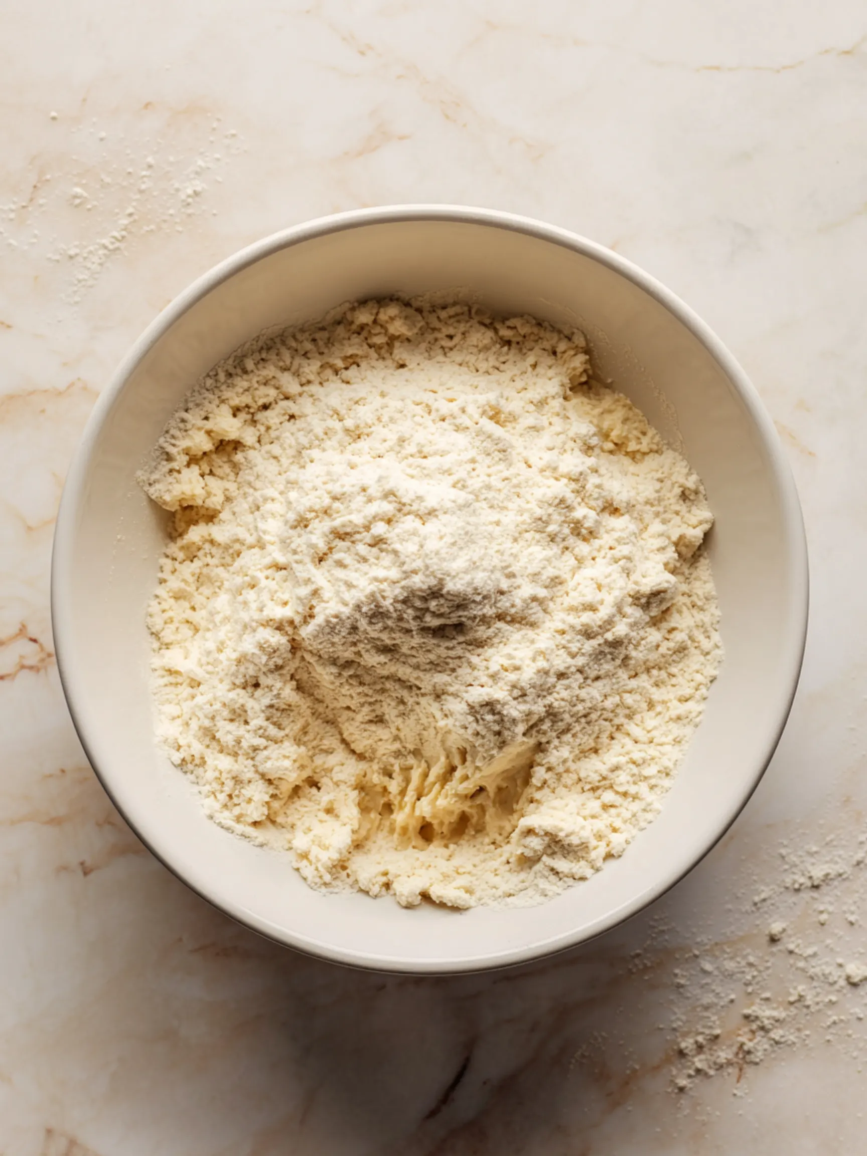 Mixing bowl with wet ingredients and flour for muffins