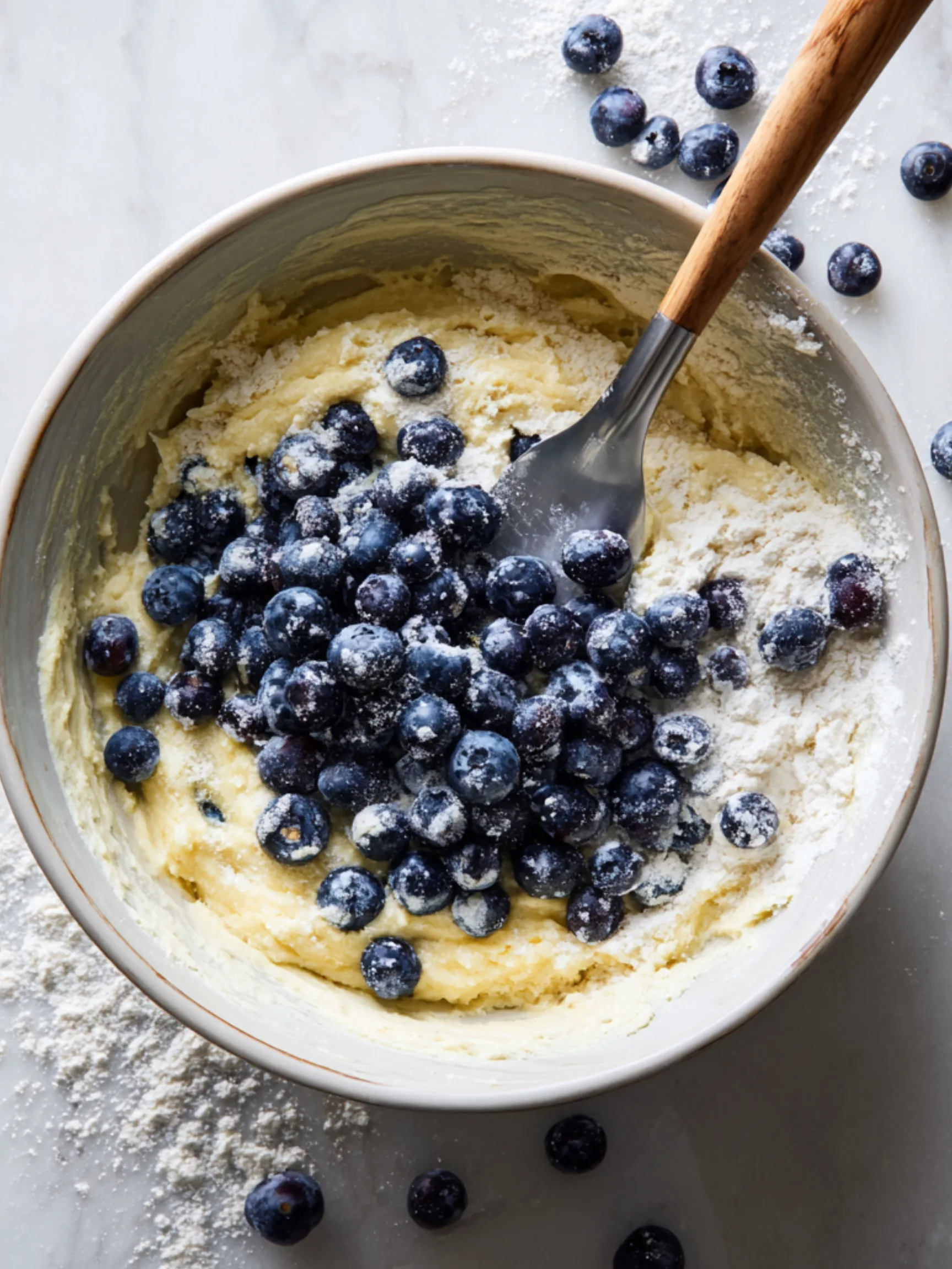 Folding floured blueberries into cottage cheese muffin batter