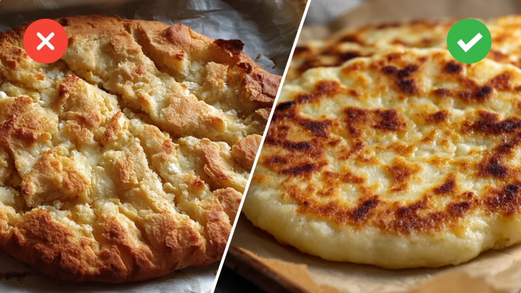 Cottage cheese flatbread fail on the left, perfectly cooked flatbread on the right