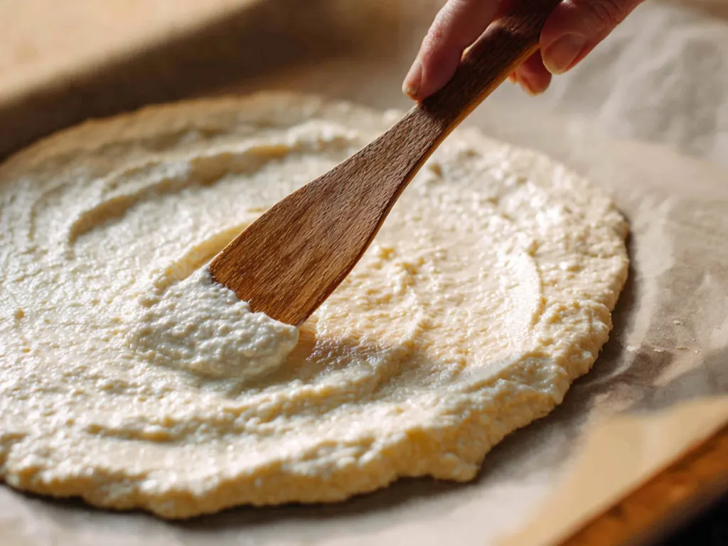 Spreading cottage cheese flatbread batter on baking tray