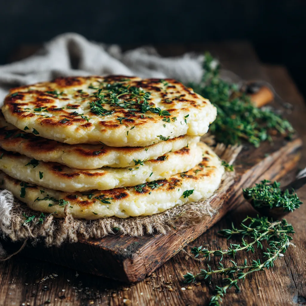 Cottage cheese flatbread fresh stack on wooden table