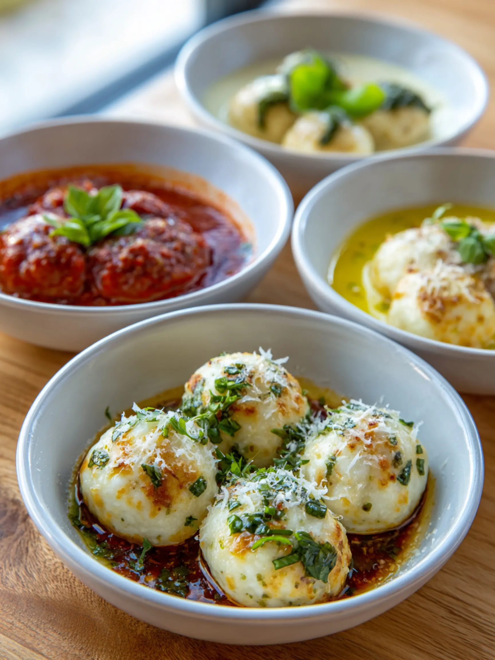 Cottage cheese gnudi served with three sauces