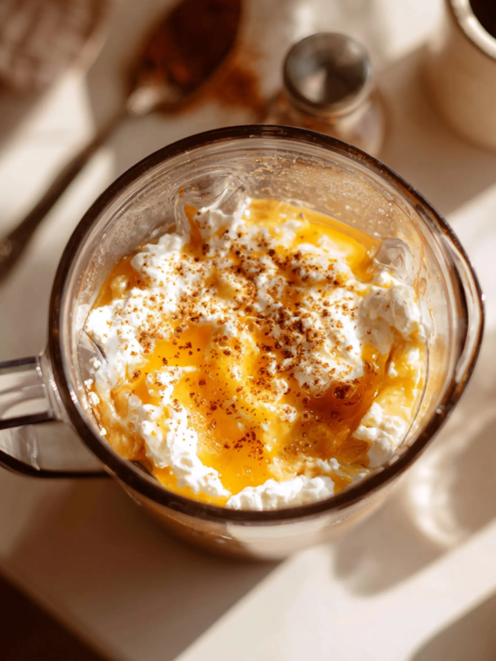 Blending cottage cheese and eggs for pancake batter