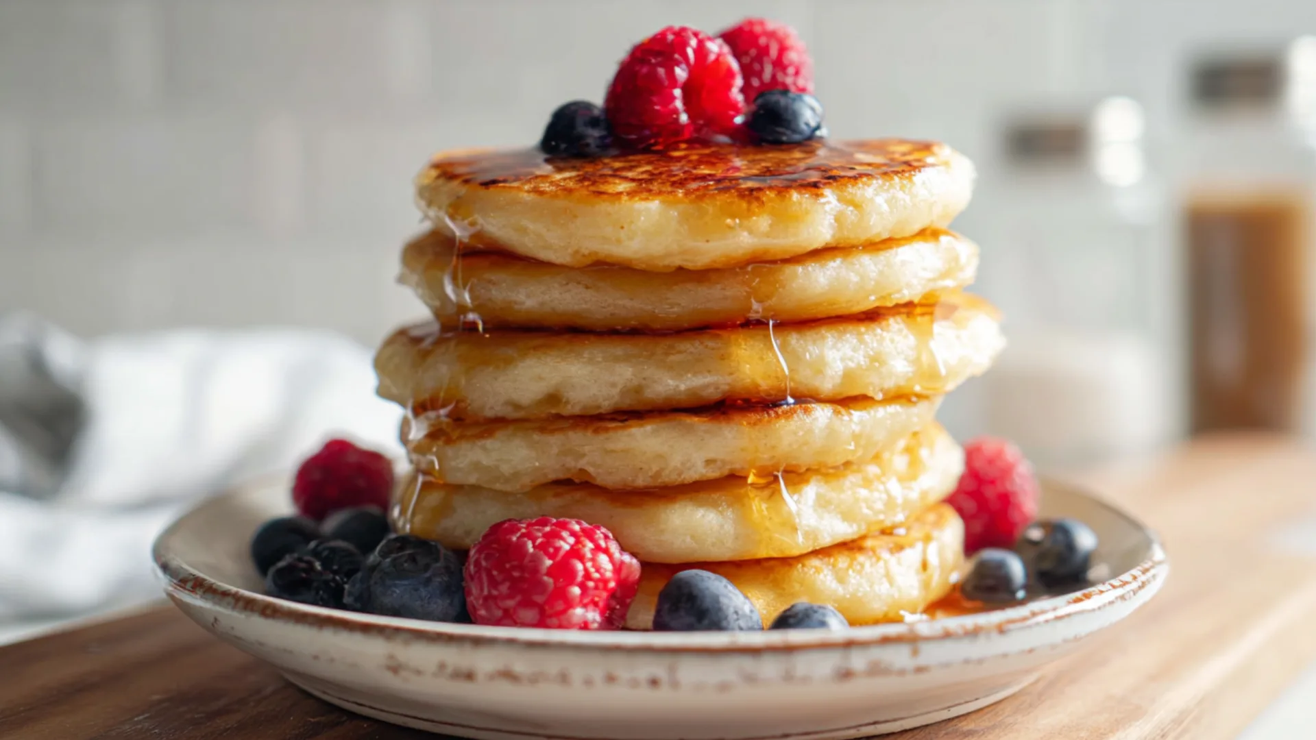 Stack of fluffy cottage cheese pancakes with berries and syrup