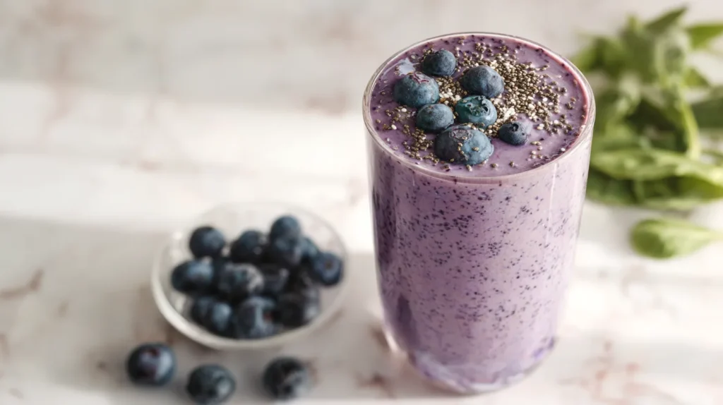 Blueberry cottage cheese smoothie in a tall glass with fresh toppings