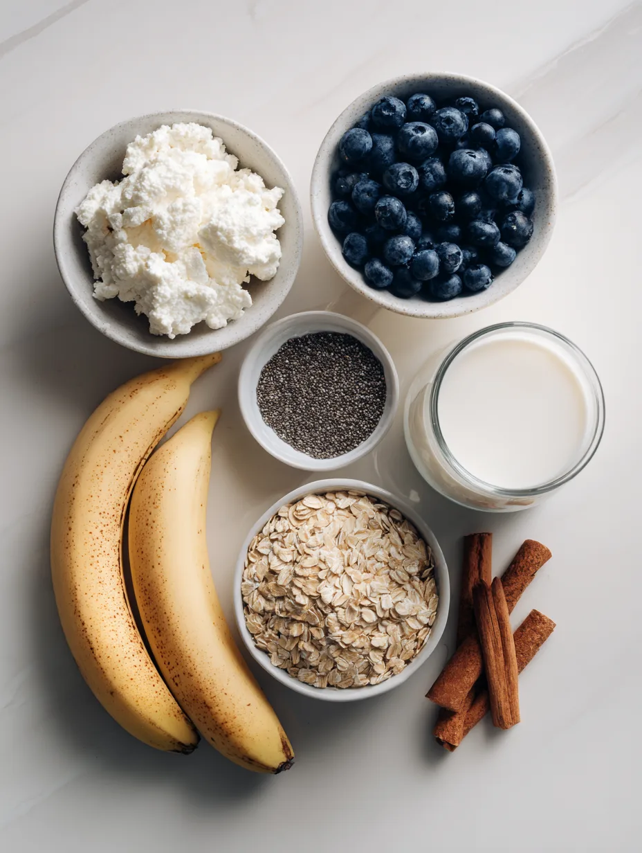 Ingredients for blueberry cottage cheese smoothie laid out