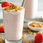 Cheesecake cottage cheese smoothie topped with strawberries and graham cracker crumbs