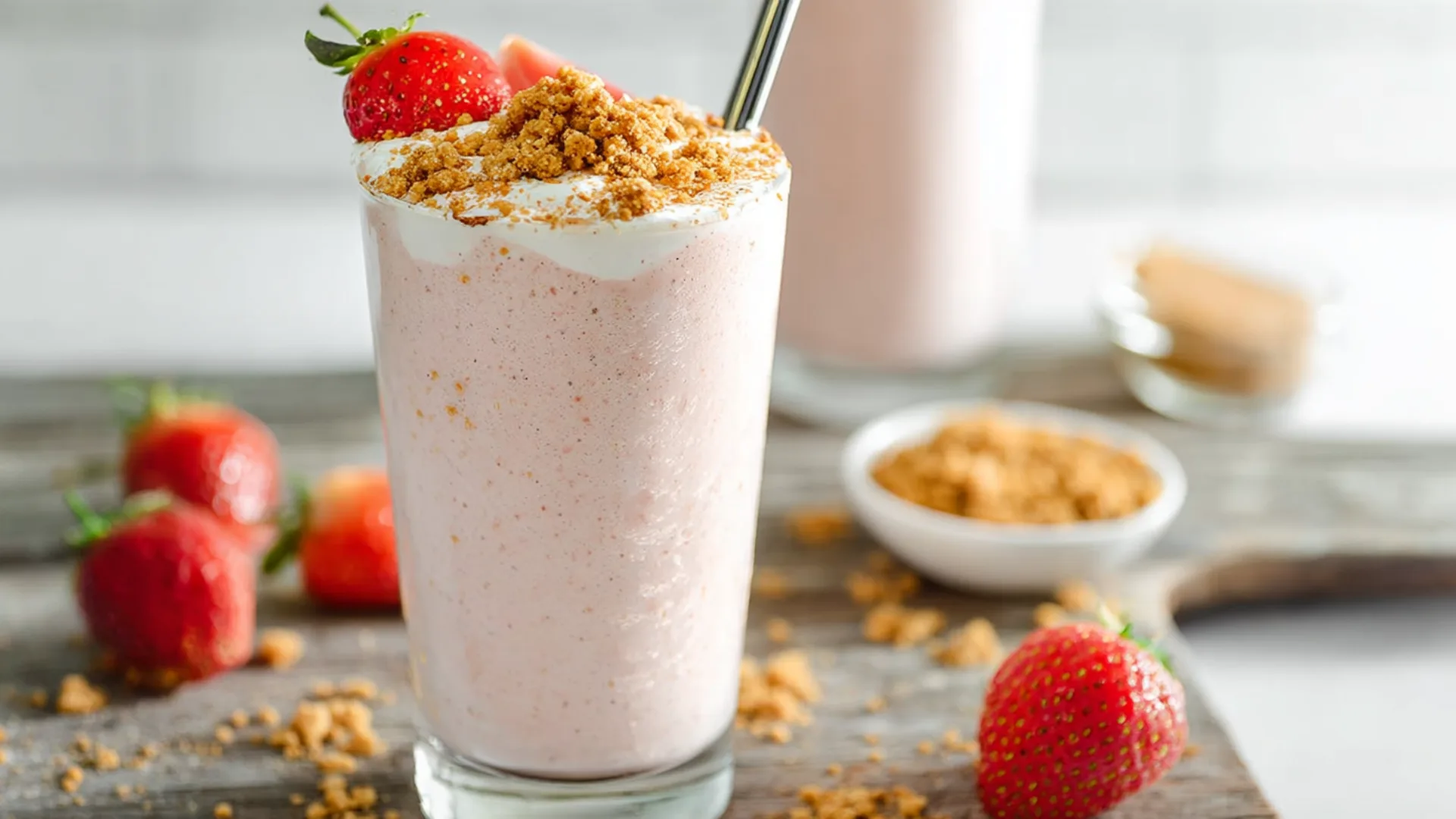 Cheesecake cottage cheese smoothie topped with strawberries and graham cracker crumbs