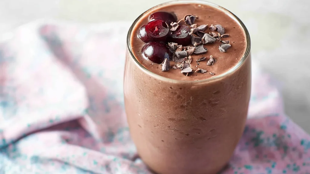 Chocolate cherry protein smoothie with fresh cherries
