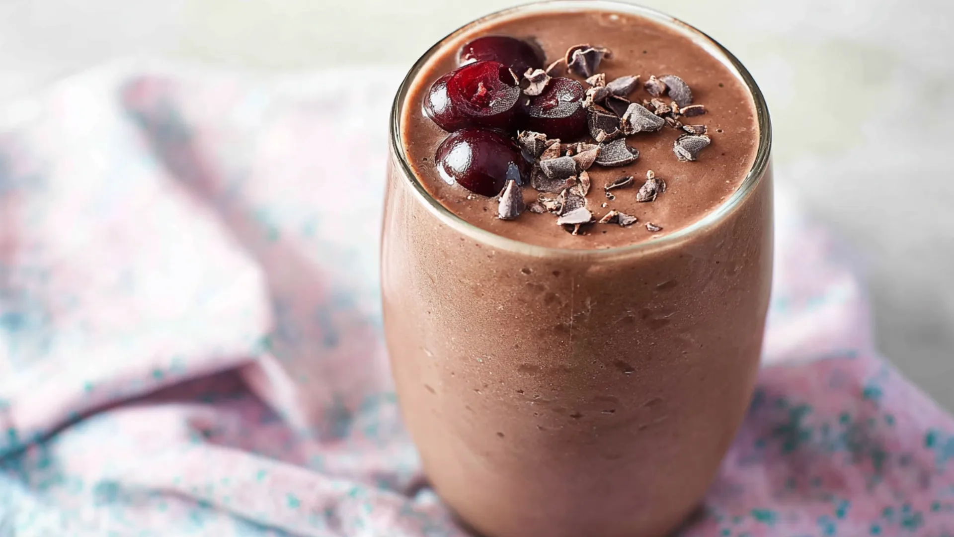 Chocolate cherry protein smoothie with halved cherry topping