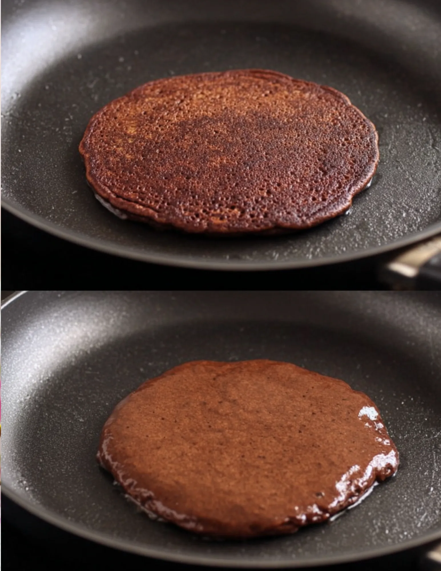 Chocolate pancakes cooking on skillet