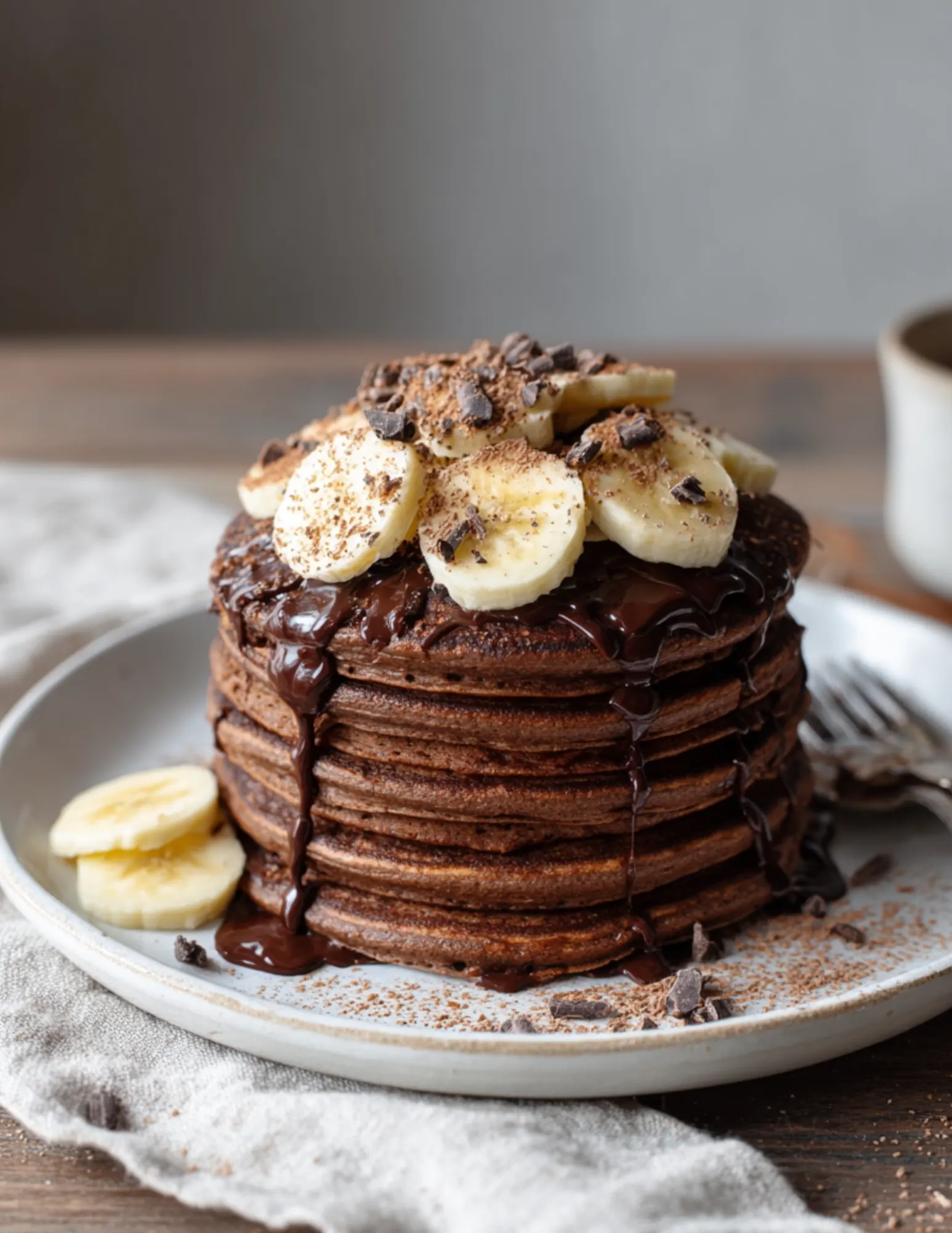 Served chocolate protein pancakes with banana and chocolate