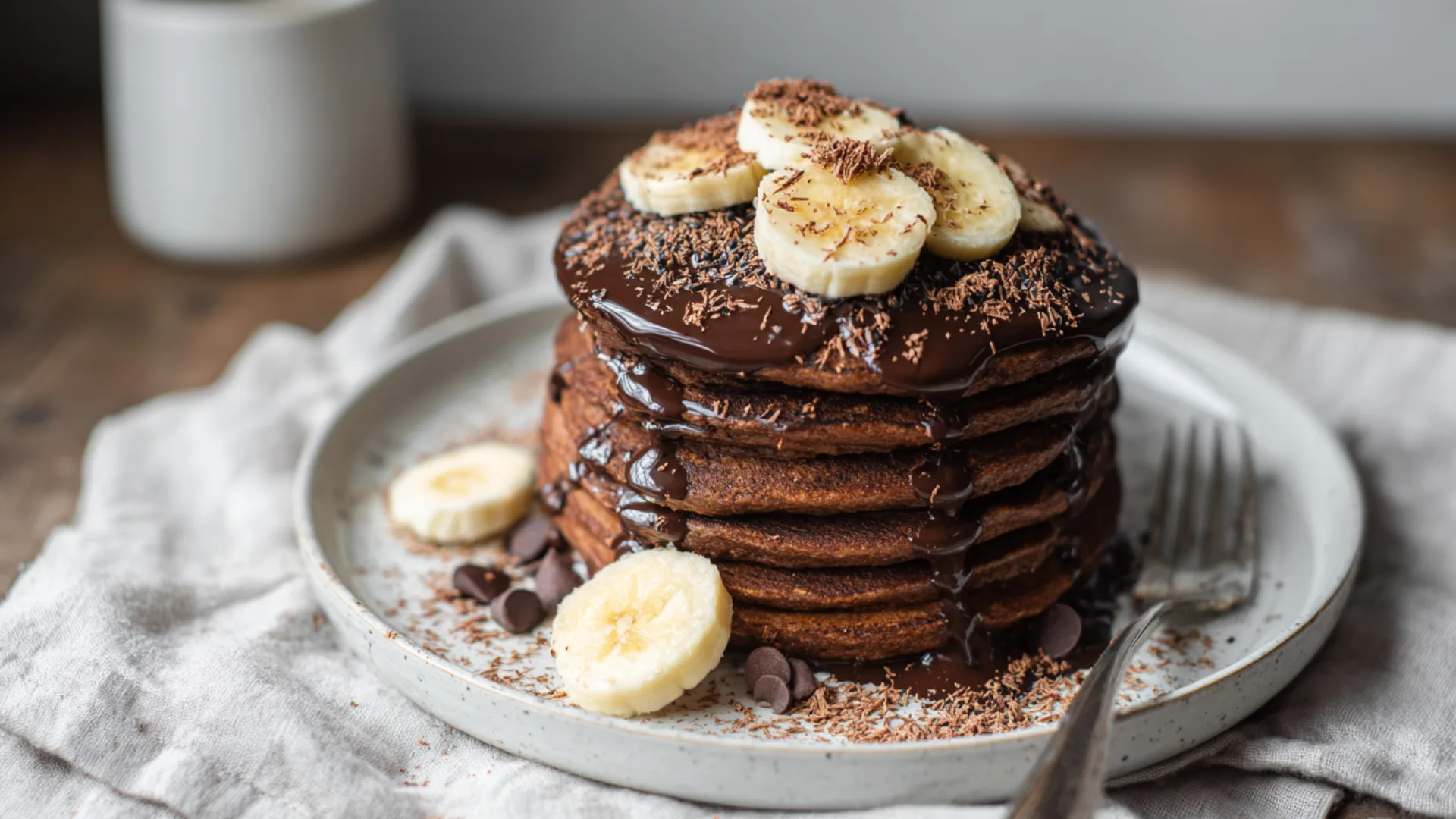 Chocolate protein pancakes stacked with bananas and a drizzle of dark chocolate