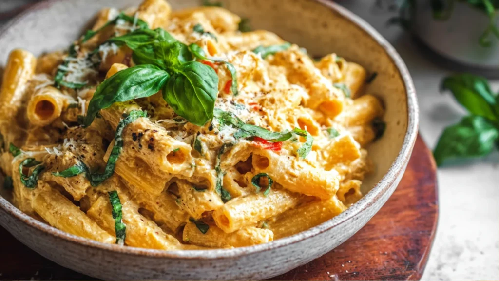 Home 3 creamy cottage cheese pasta in a rustic bowl with basil