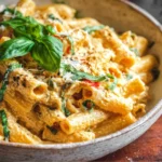 creamy cottage cheese pasta in a rustic bowl with basil