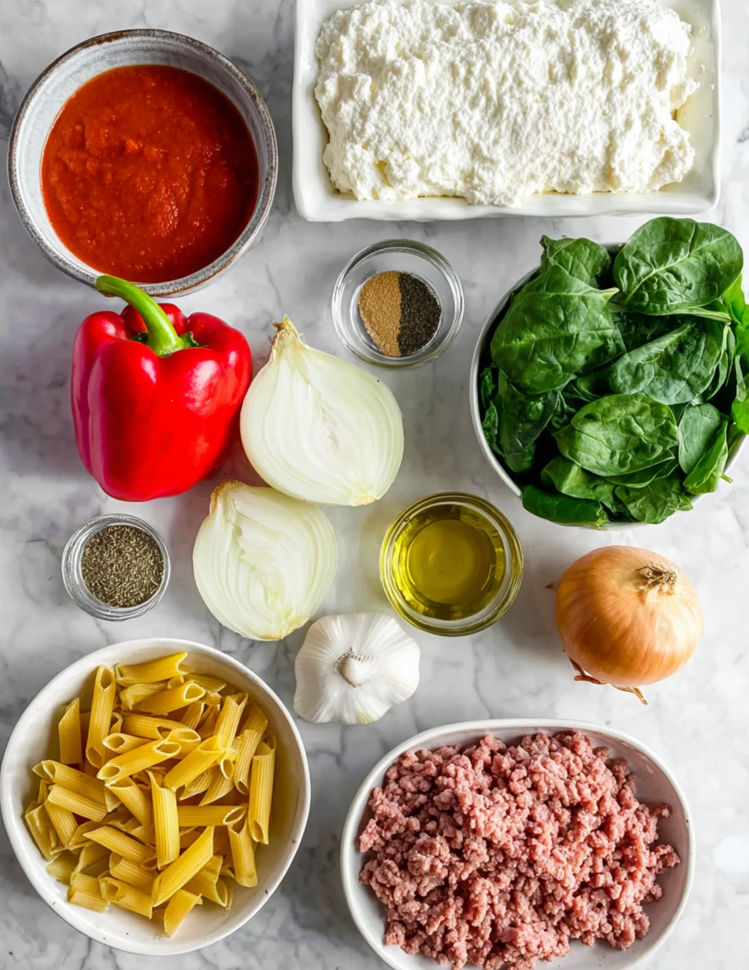 ingredients for cottage cheese pasta on a counter