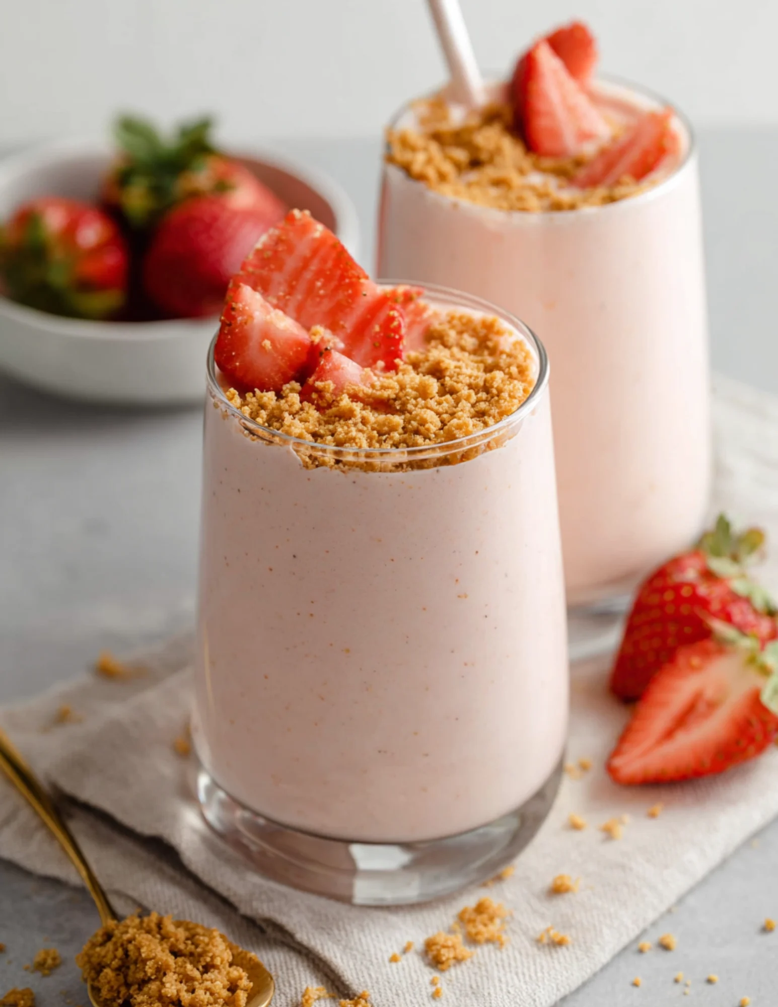 Cheesecake cottage cheese smoothie served in glass topped with graham crumbs