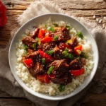 Healthy Beijing Beef served over cauliflower rice in a modern bowl