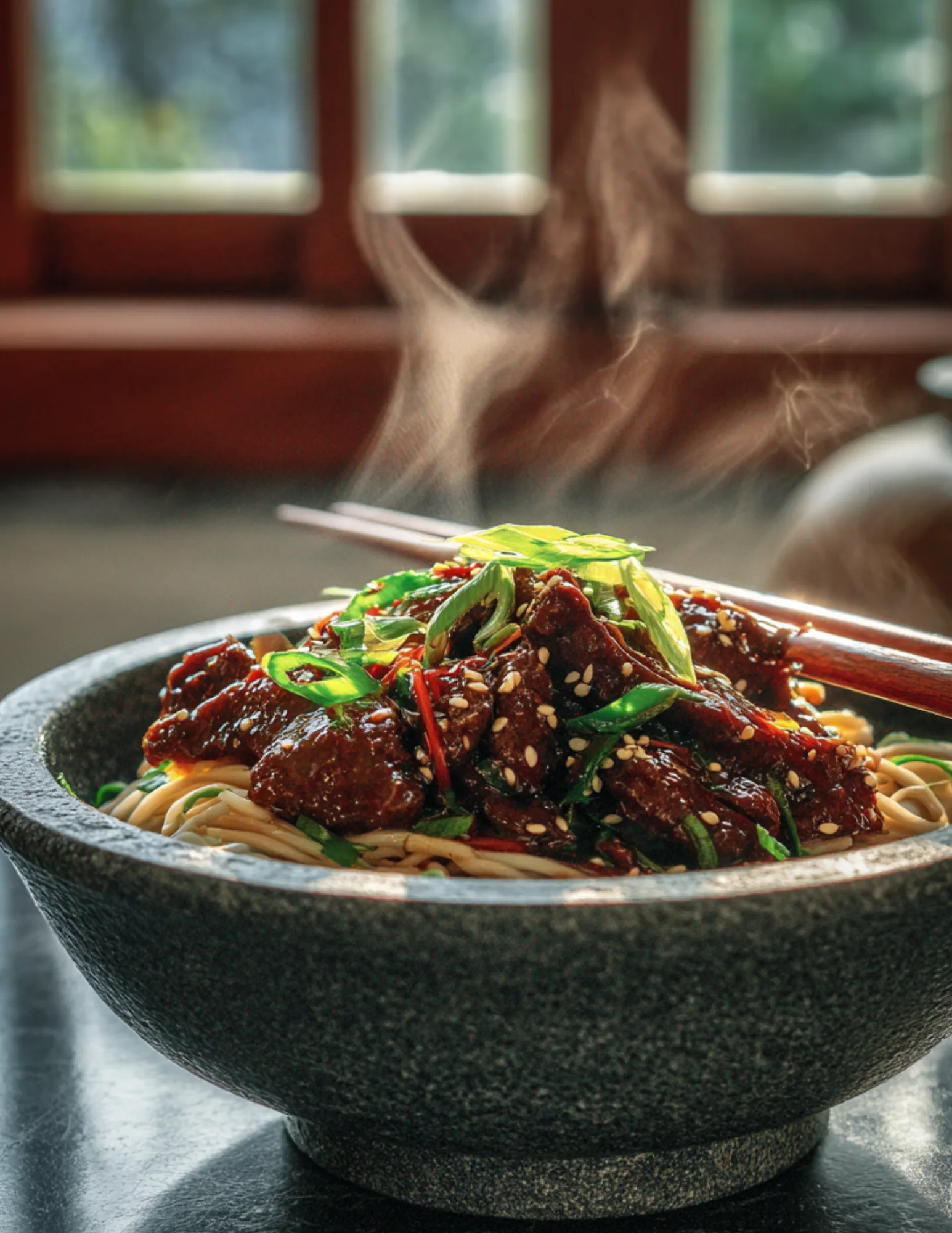 Healthy Beijing beef served over soba noodles with scallions