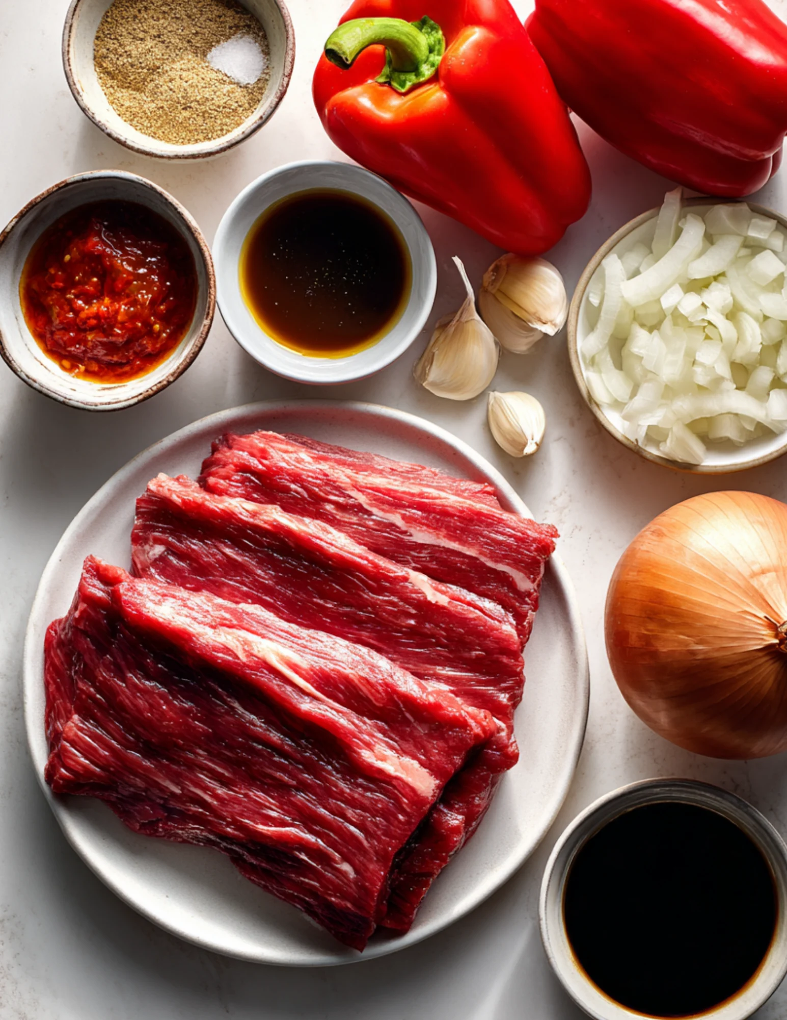 Clean ingredients for healthy Beijing beef on a kitchen counter