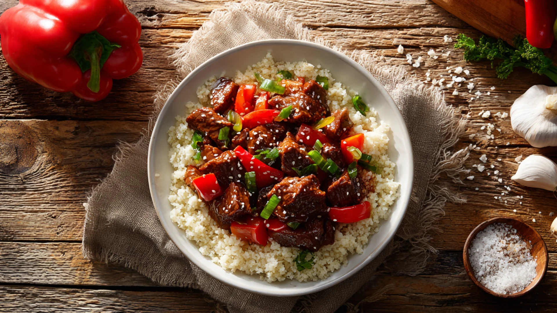 Healthy Beijing Beef served over cauliflower rice in a modern bowl