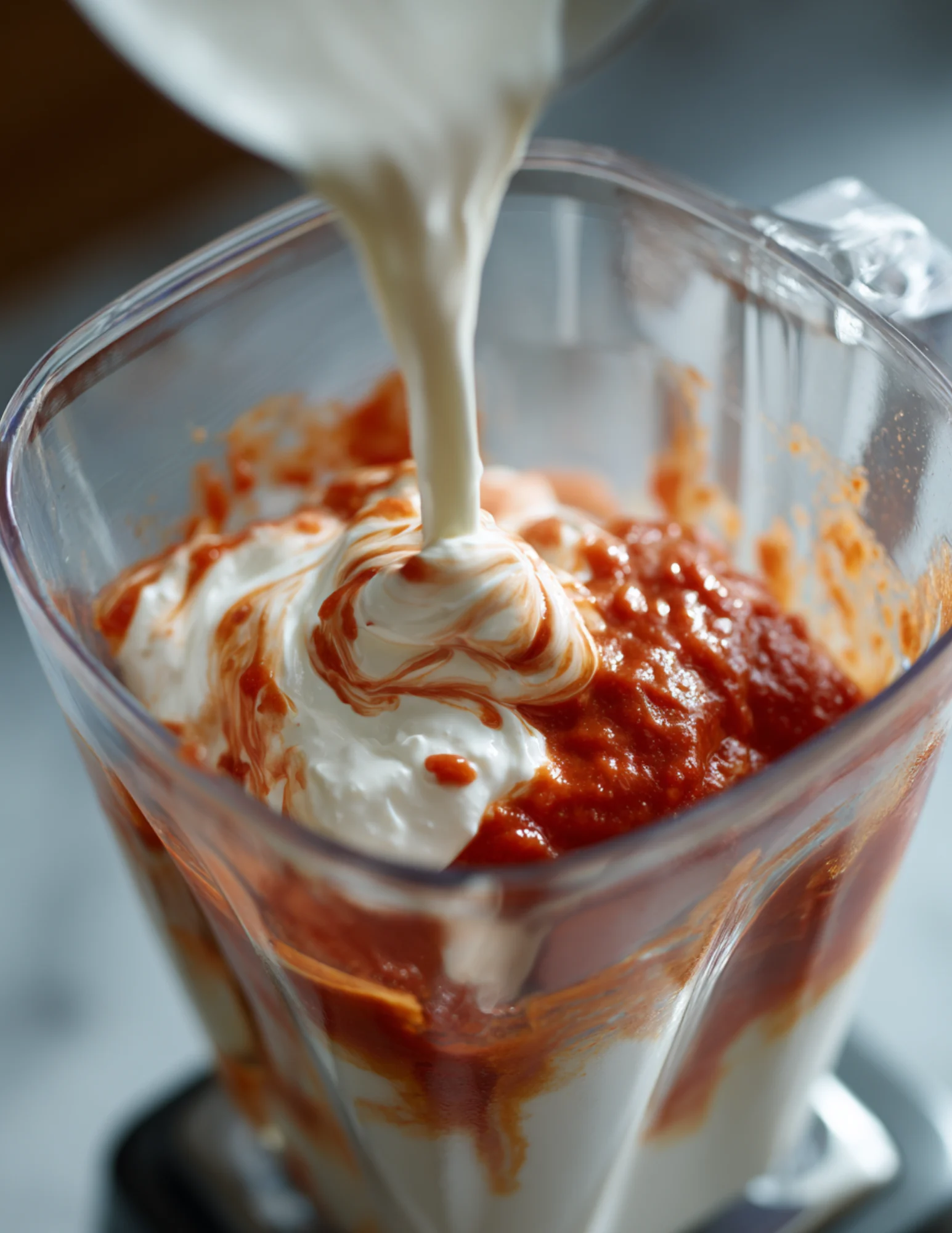 cottage cheese pasta sauce blending in a glass blender