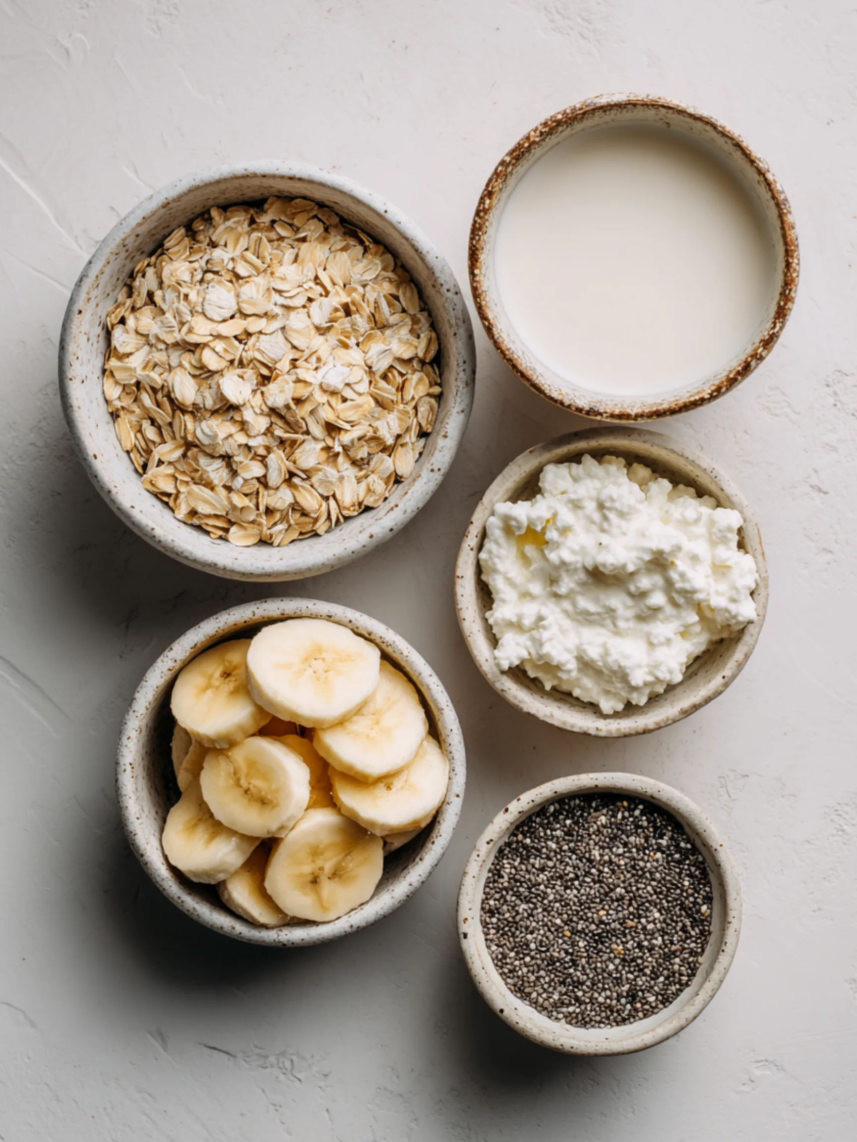 Small bowls with oats, cottage cheese, banana, almond milk, and chia seeds on a white countertop
