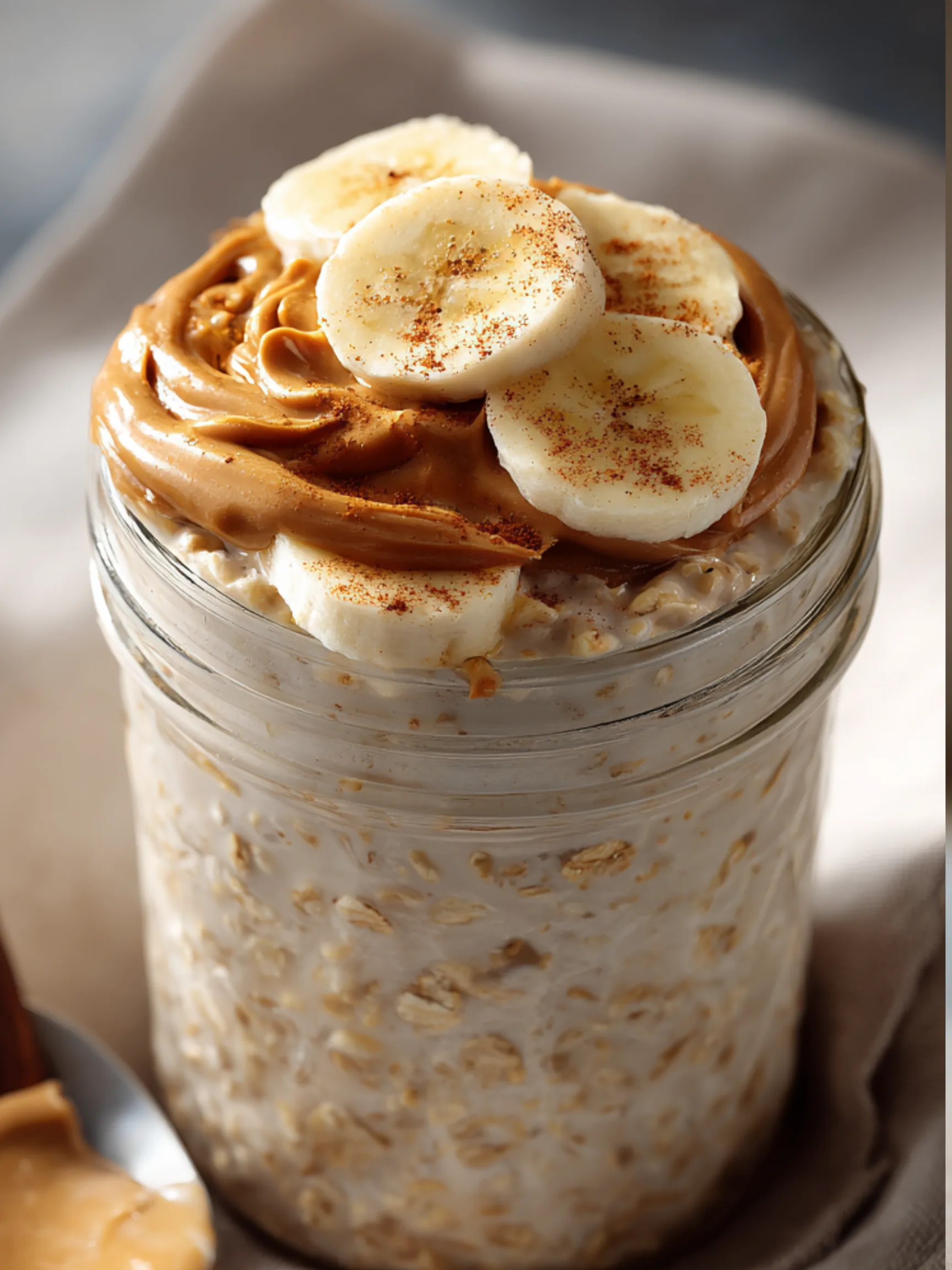 Cottage cheese overnight oats topped with banana, peanut butter, and cinnamon in a breakfast jar
