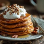 Stack of pumpkin protein pancakes with maple syrup