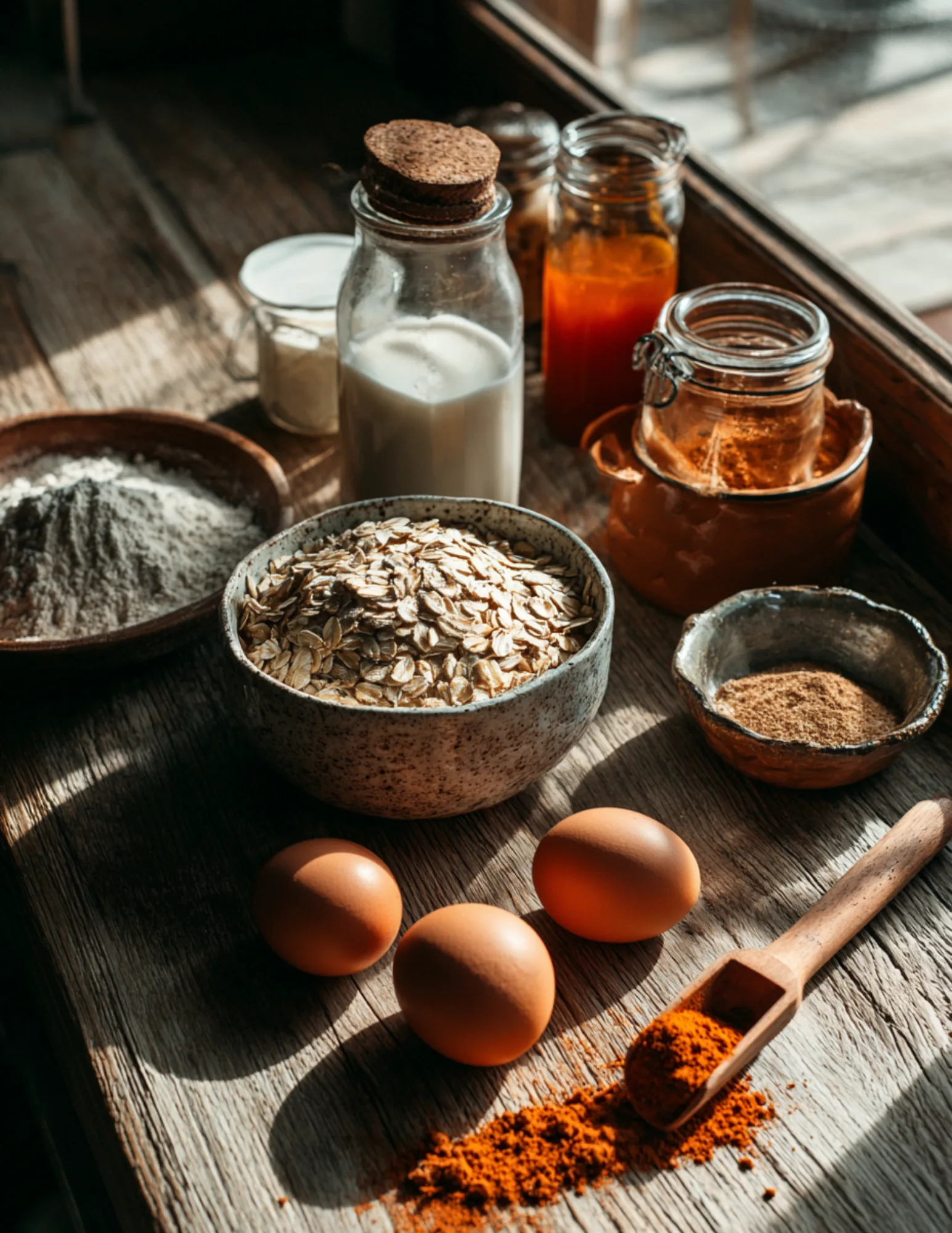 Pumpkin protein pancake ingredients laid out