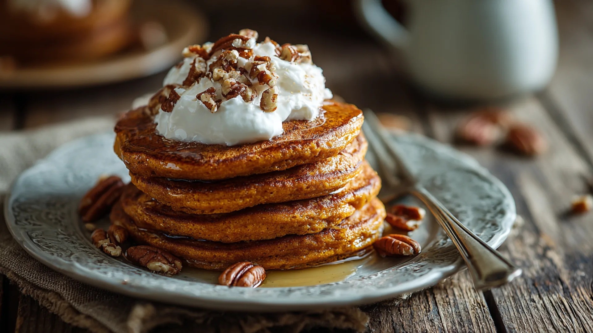 Stack of pumpkin protein pancakes with maple syrup