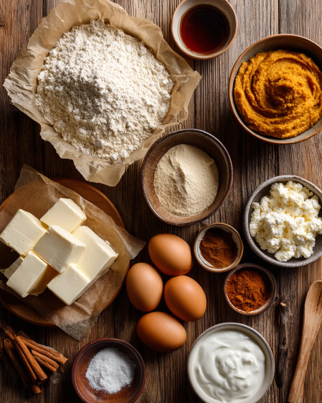 Ingredients for Healthy Pumpkin Cheesecake Bites arranged on a table.