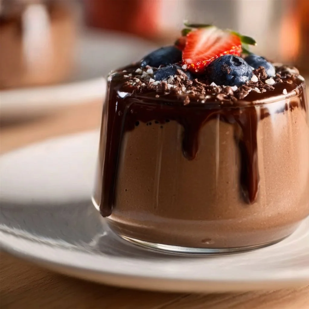 Delicious chocolate protein pudding in a glass topped with chocolate shavings