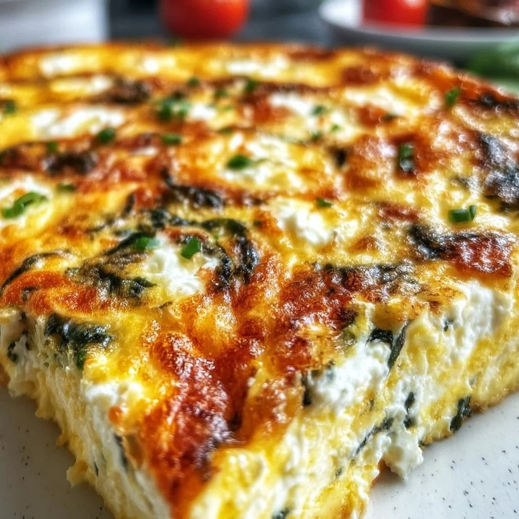 Delicious crustless cottage cheese quiche served on a plate