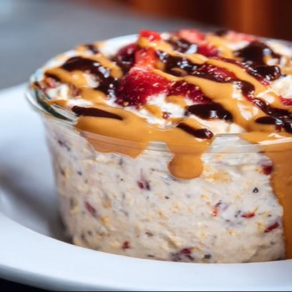 Bowl of high-protein overnight oats topped with fruits and nuts