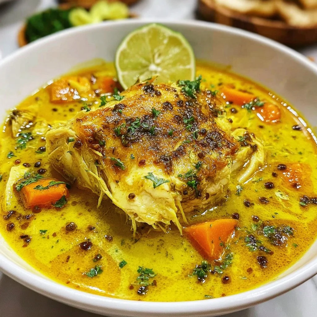 Bowl of anti-inflammatory turmeric chicken soup garnished with herbs