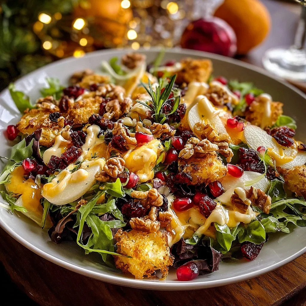 Colorful Christmas Salad topped with Honey Mustard Dressing in a festive setting