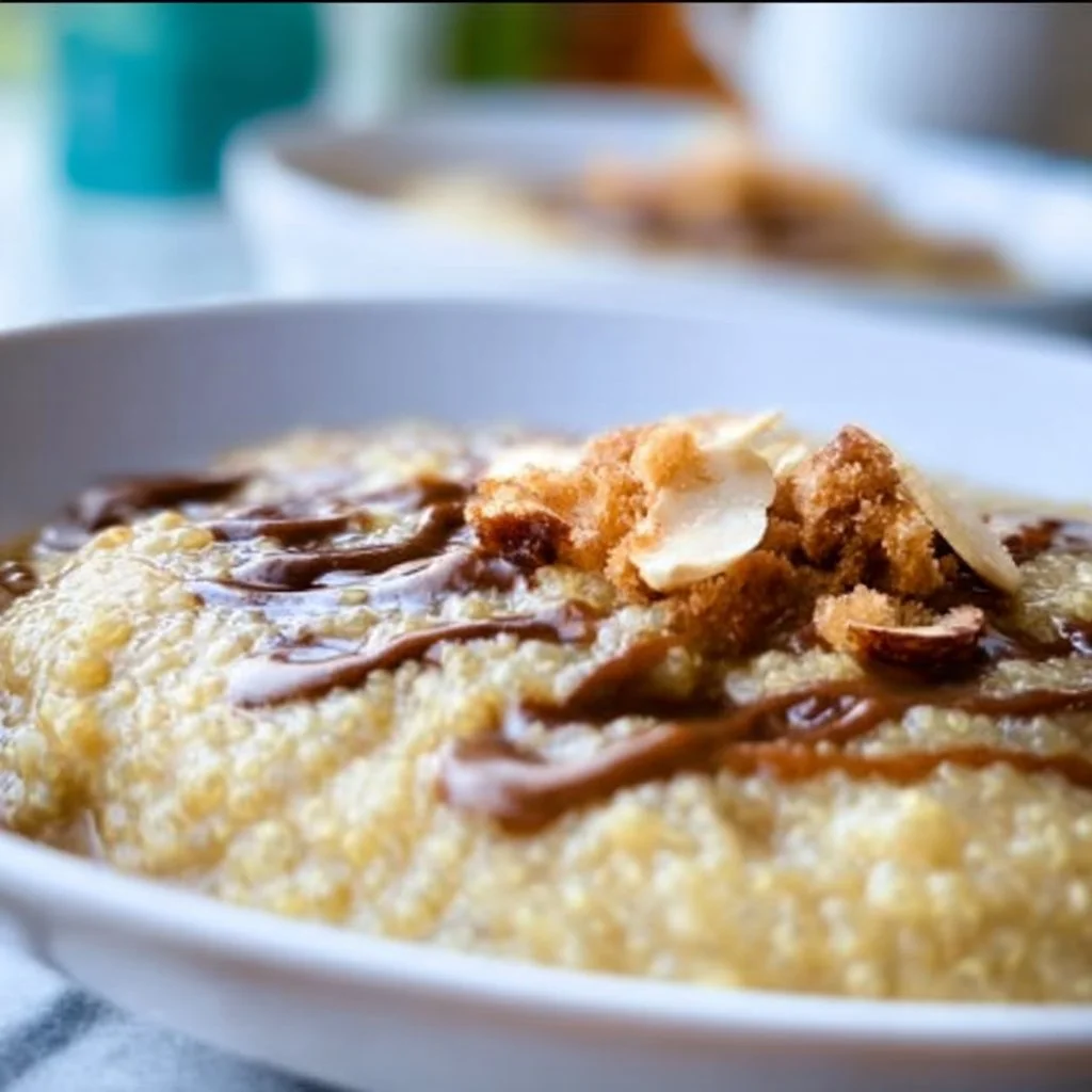 Bowl of creamy quinoa breakfast porridge topped with fruits and nuts