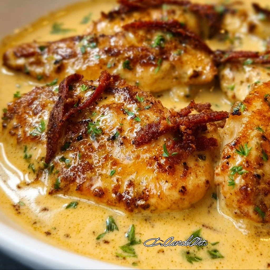 Creamy Cajun chicken dish served with herbs and spices on a white plate