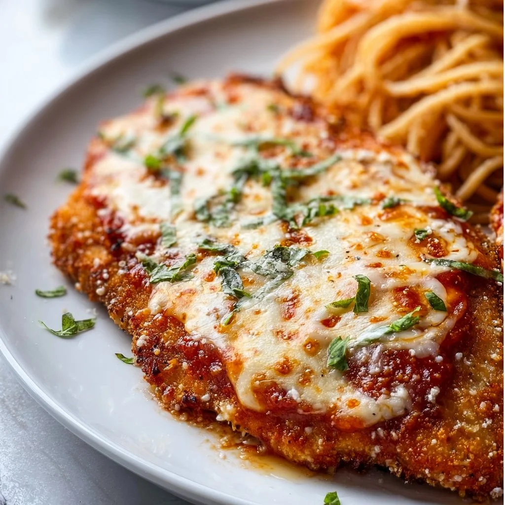 High protein chicken parmesan dish served with fresh herbs and cheese