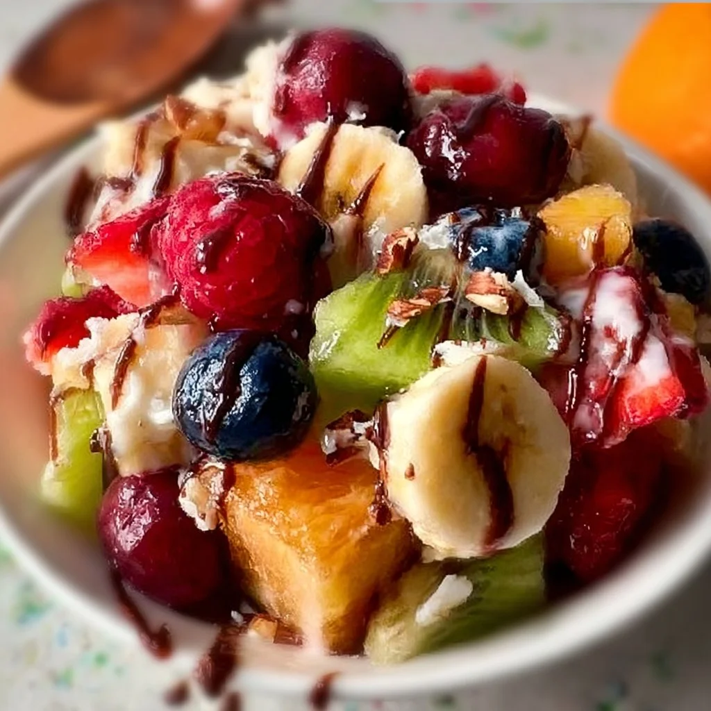 Colorful holiday fruit salad with seasonal fruits and mint garnish