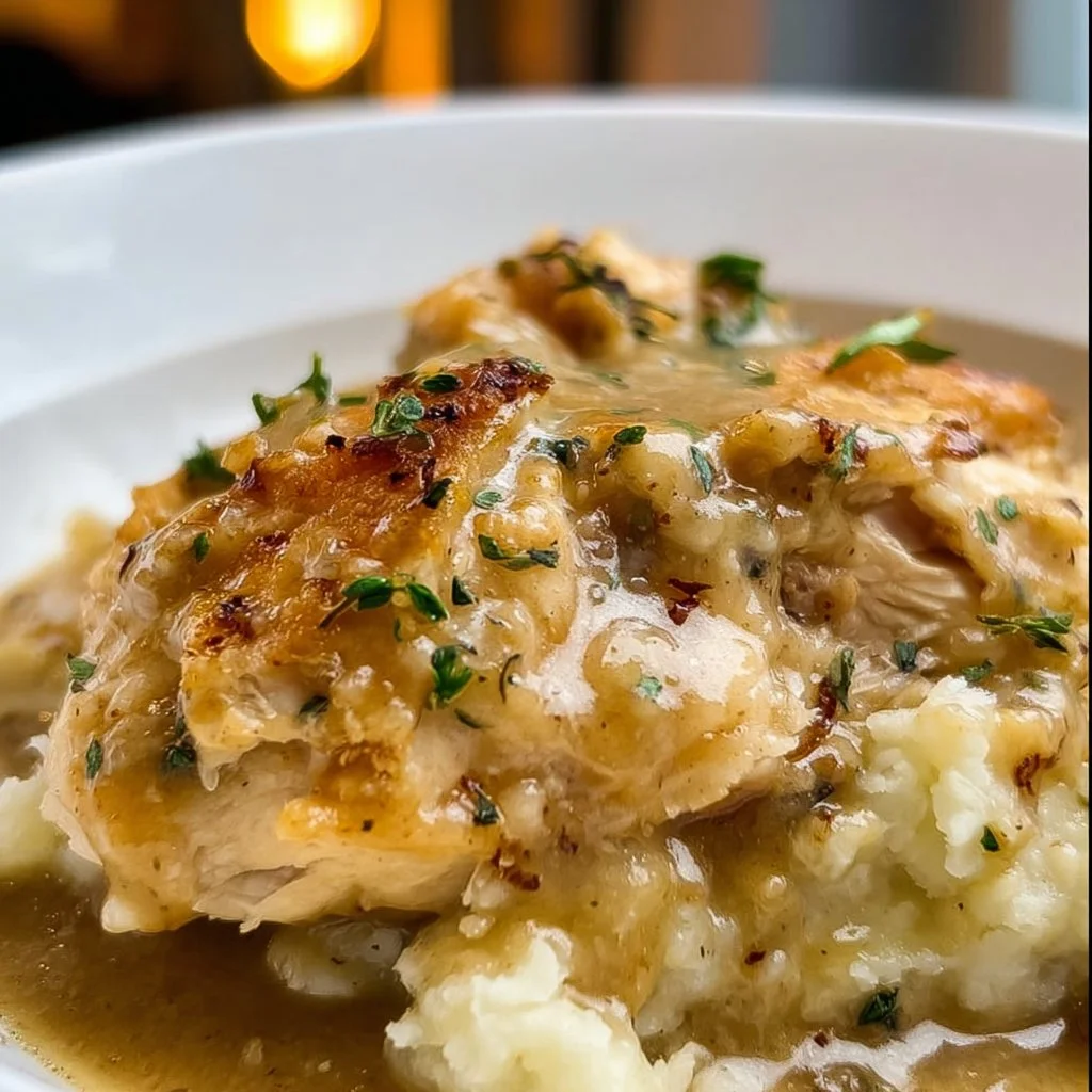 Delicious Instant Pot Chicken and Gravy served in a bowl with peas.