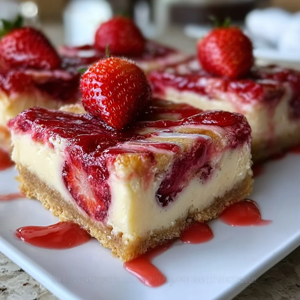 Delicious keto strawberry cheesecake bars on a plate topped with fresh strawberries