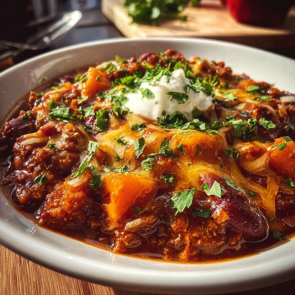 A bowl of hearty Pumpkin Chili topped with fresh herbs and spices