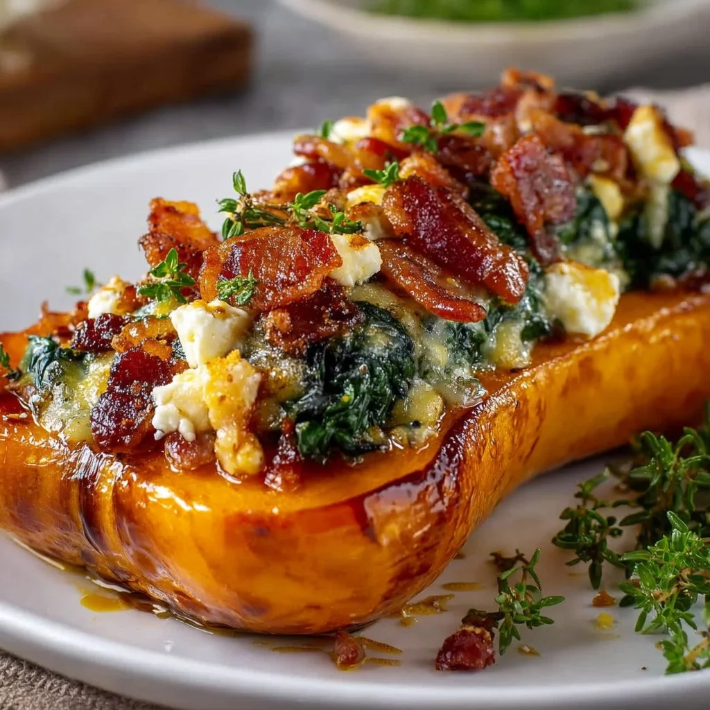 Savory stuffed butternut squash filled with feta, spinach, and bacon